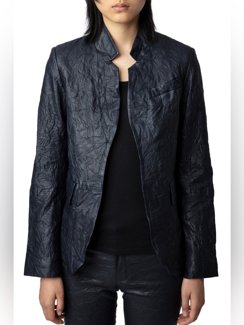 Zadig & Voltaire Very Crushed Crinkle Lamb Leather Encre Blue Jacket EUC Sz 34/2